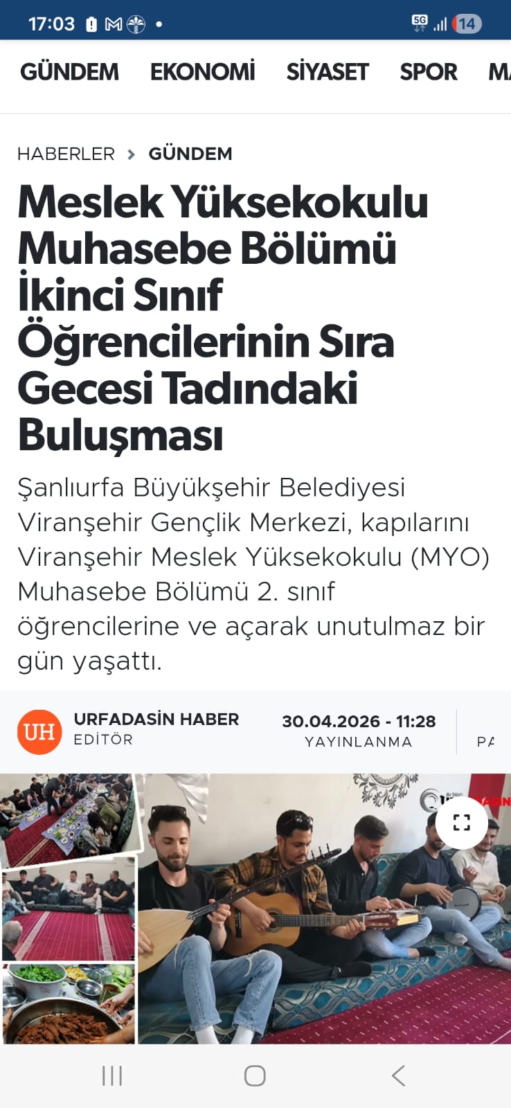 Viranşehir Meslek Yüksekokulu Muhasebe  Bölümü 2. Sınıf Öğrencilerinin Sıra Gecesi Tadındaki Buluşması